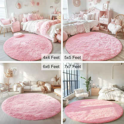OLANLY Pink Round Rug - Soft & Fluffy Shaggy Carpet, 4 ft Circle Area Rug for Bedroom & Living Room