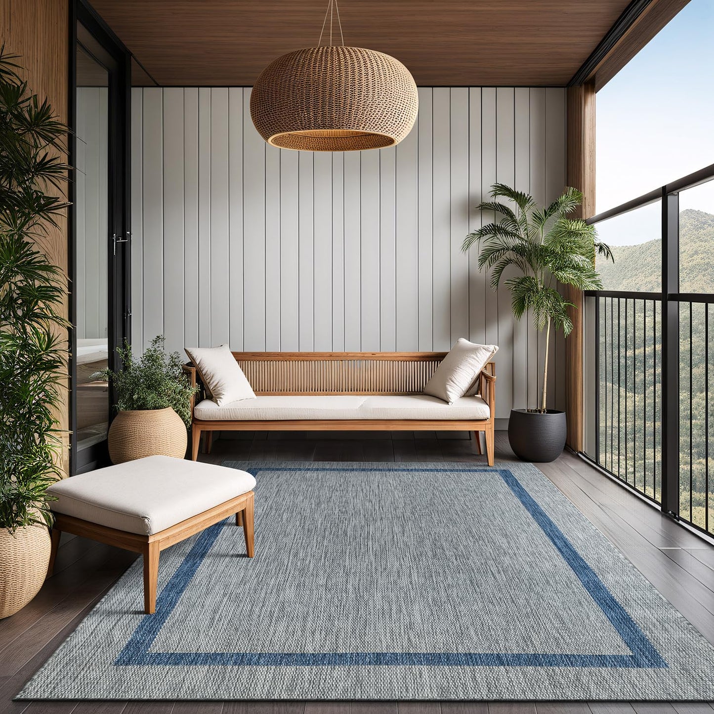 Luul Home Bordered Outdoor Rug 9x12 Washable Outside Carpet for Indoor Patio Porch Waterproof Easy Cleaning Non Shedding Area Rugs Silver Gray - Blue 9 x 12