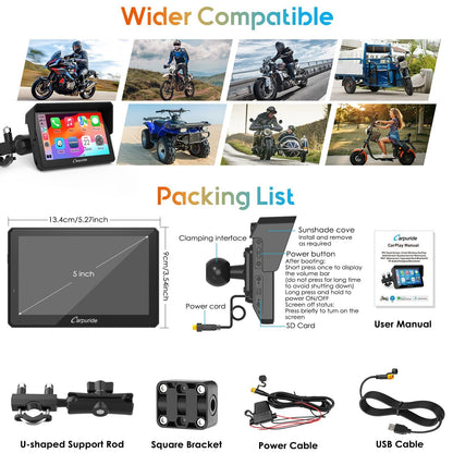 Carpuride W502PRO for Motorcycle CarPlay& Android Auto& Dual Bluetooth - 5" Waterproof GPS Navigation Screen for Motorbike, Music Sharing, Intercom, EQ, Light Sensor, Compass, Barometer