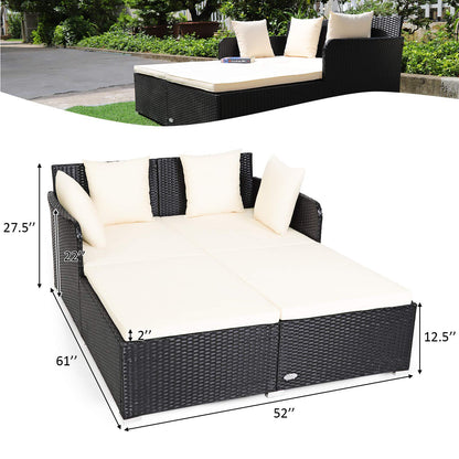 COSTWAY Outdoor Patio Rattan Daybed, Sponge Cushioned Loveseat Sofa with 4 Pillows, Wicker Furniture Sunbed for Balcony, Courtyard (Beige)