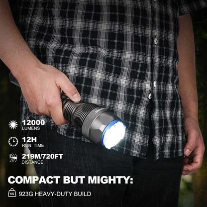HAUTMEC Rechargeable Flashlights 12000 High Lumens Flashlight, 5 Light Modes Bright Flashlight, 2X Zoom, IP67 Waterproof & Impact-Resistant, and Power Bank, for Emergencies, Hunting, Camping, Hiking
