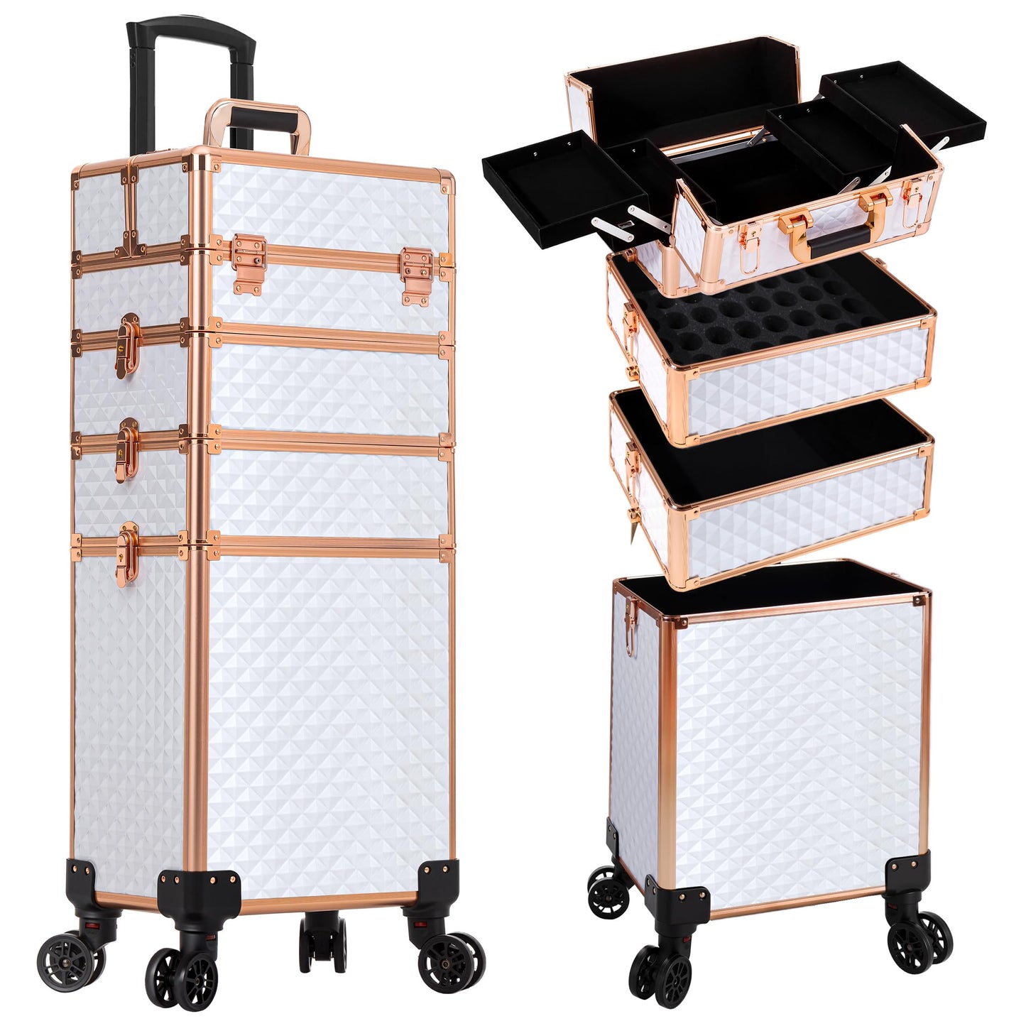 AROUS Rolling Makeup Train Case 4 in 1 Cosmetology Case on Wheels Large Storage Cosmetic Trolley with Key Salon Barber Case Traveling Cart Trunk,White