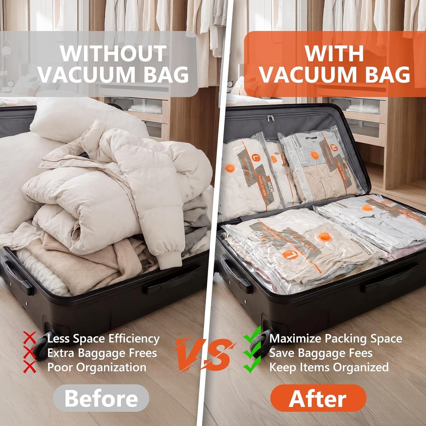 NESCCI Vacuum Bags - Travel Compression Packing Bags with Rechargeable Air Pump | 24 Pcs Carry-On Size