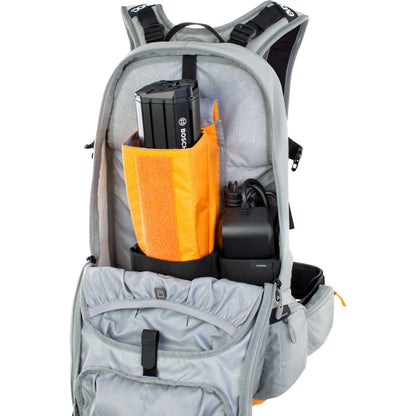 EVOC FR ENDURO E-Ride 16 E-Bike Backpack, Bike Rucksack (Padded Compartment for Spare Battery, Belt Fixing System, Control Display Pocket, Liteshield Back Protector), Stone Grey/Light Orange