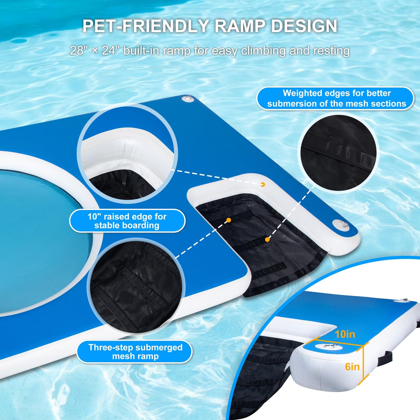 COOLWAVE Inflatable Floating Dock 10x6FT Dog Boat Ramp, Extra Large Floating Dog Dock with Water Hammock for Pool Lake Beach, Heavy Duty Lake Floats for Adults and Pets, 700LBS Load Capacity