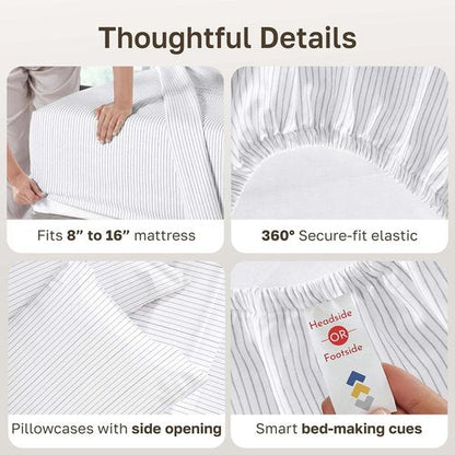 California Design Den Queen Size Bed Sheets Set - 100% Cotton, 400 TC, Smooth Sateen Finish, Deep Pockets - Pinstripe
