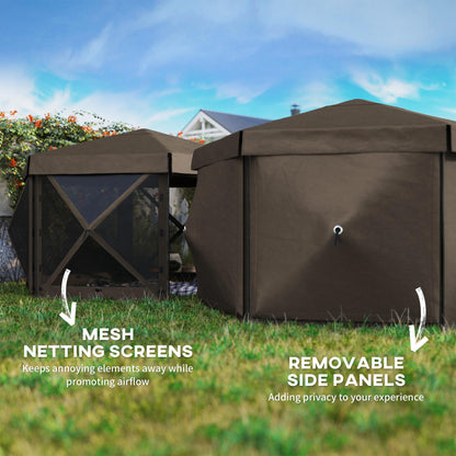 Outsunny 12' x 12' Hexagonal Pop Up Gazebo Tent with 5 Sidewalls, Waterproof Portable Outdoor Canopy Shelter with Curtains, Carry Bag, 5 Ropes, 11 Stakes for Camping, Garden, Patio, Brown