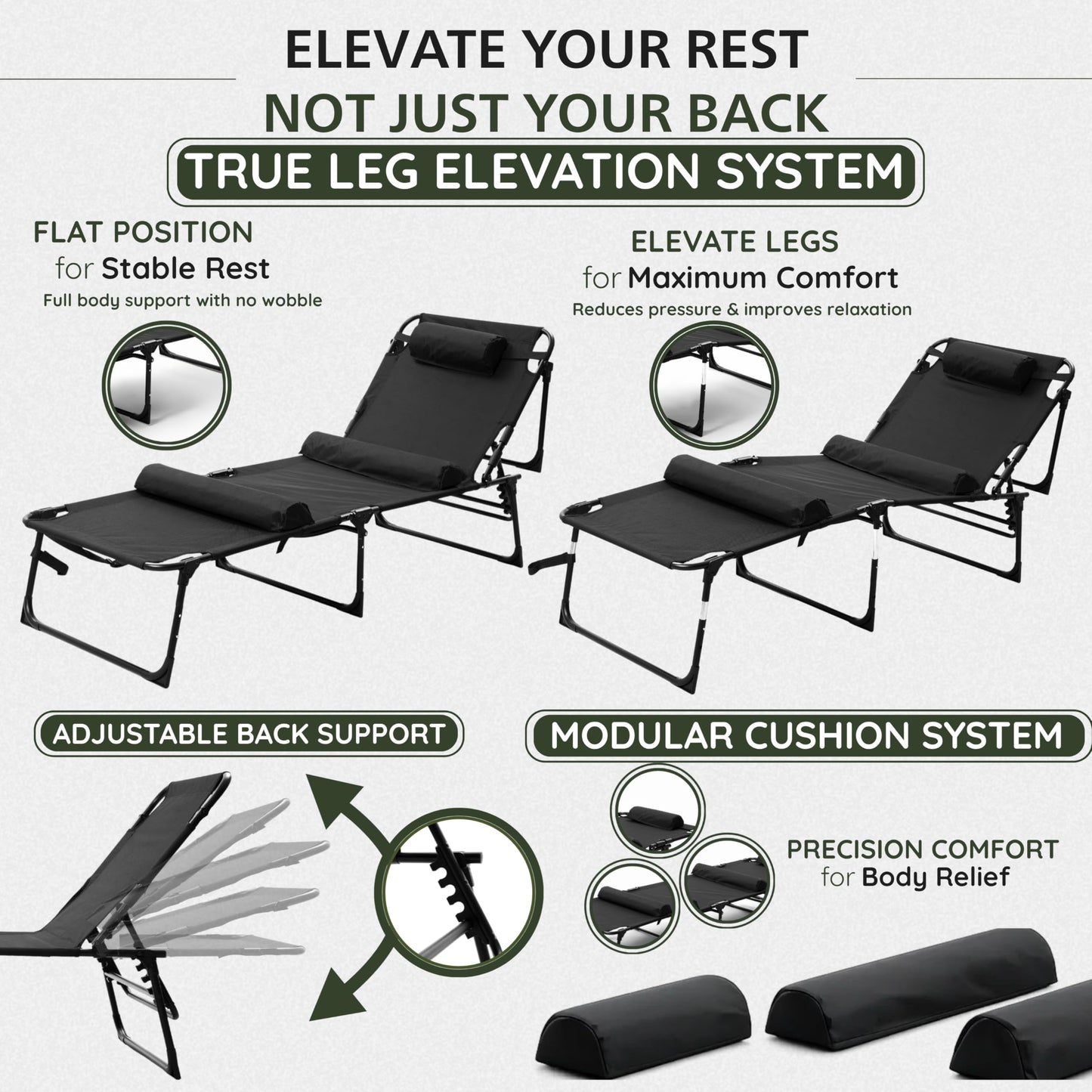 PLEOFLO Outdoor Lounge Chair | Extra Large Portable cot incl Leg Raising adjustability | Easy Setup & Takedown | Supports Adults up to 300 lb | Ideal for Camping Patio, Balcony, Beach & More