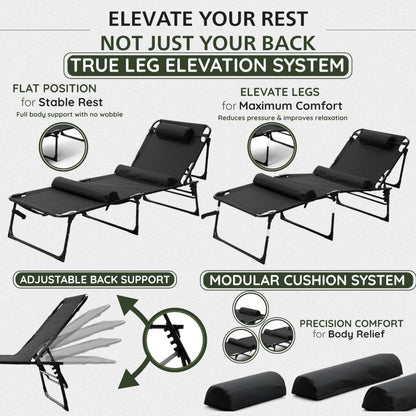 PLEOFLO Outdoor Lounge Chair | Extra Large Portable cot incl Leg Raising adjustability | Easy Setup & Takedown | Supports Adults up to 300 lb | Ideal for Camping Patio, Balcony, Beach & More