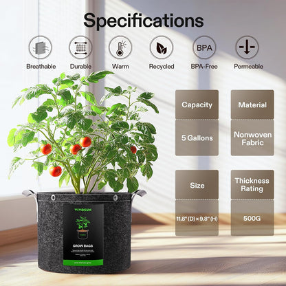 VIVOSUN 5-Pack 5 Gallon Grow Bags - Durable 500G Nonwoven Fabric Pots with Strap Handles for Plant Training