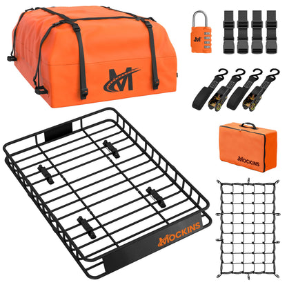Mockins 50"x36"x4.5" Extendable Rooftop Cargo Carrier & 18 CuFt Orange Waterproof Roof Cargo Bag | 250 Lbs. Capacity Weatherproof SUV & Car Roof Rack Basket with Car Top Carrier Bag & Accessories