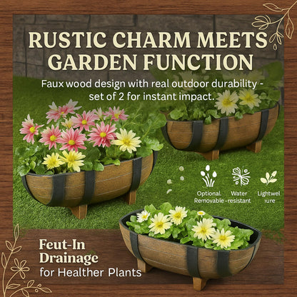 Rustic Half Barrel Planters – Set of 2, Faux Wood Outdoor Flower Pots with Drainage Hole & Feet, Weather-Resistant Polypropylene Garden Containers, 16.25" x 7.5" x 11.75"