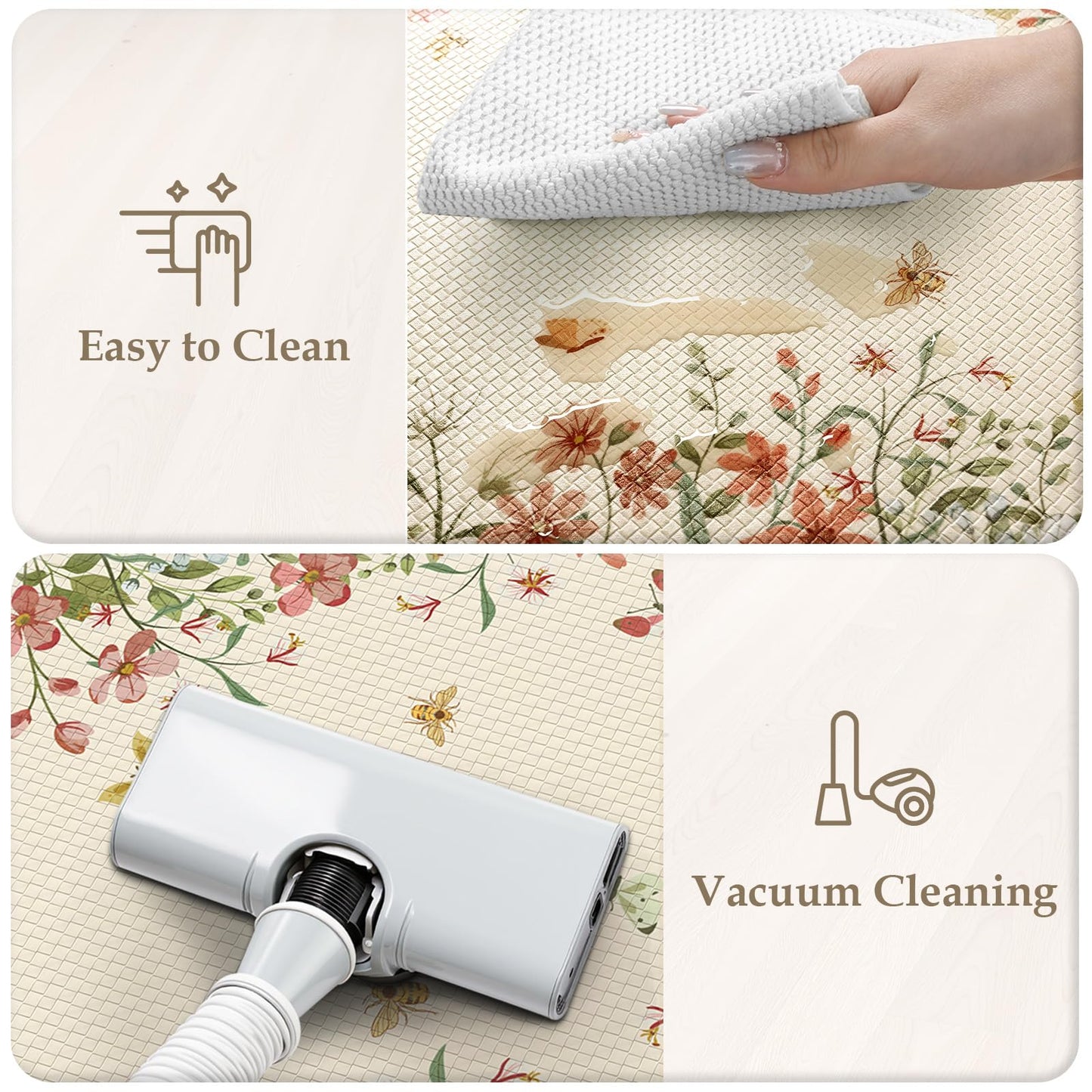 KIMODE Anti Fatigue Kitchen Mats for Floor 2 Piece, Cushioned Floral Kitchen Rugs, Memory Foam Kitchen Floor Mats, Summer Standing Desk Mats for Laundry Office Sink Beige 17"x47"+17"x29"