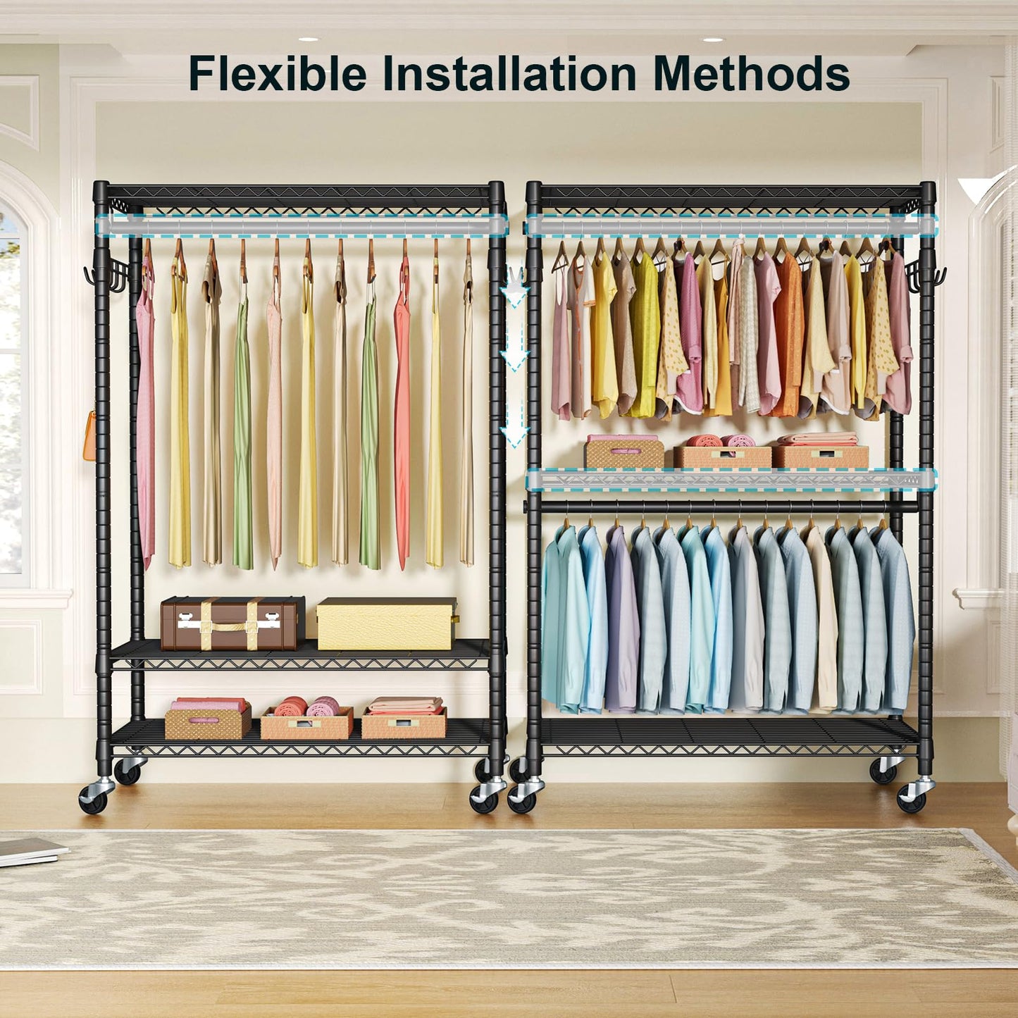FUTASSI P1 Plus Rolling Clothes Rack, 22mm Diameter Heavy Duty Garment Rack with Wheels, Portable Closet Wardrobe with Double Rods, 45" W x 17.7" D x 80.5" H, Max Load 524 LBS, Black