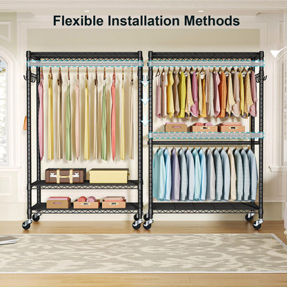 FUTASSI P1 Plus Rolling Clothes Rack, 22mm Diameter Heavy Duty Garment Rack with Wheels, Portable Closet Wardrobe with Double Rods, 45" W x 17.7" D x 80.5" H, Max Load 524 LBS, Black