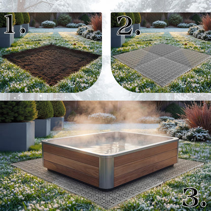 BreezeHug 4 Pack Outdoor Spa Foundation Base Pad (80" x 80"), Heavy Duty Interlocking Ground Platform for Inflatable Spas, Resin Tubs, Pools, Outdoor Equipment