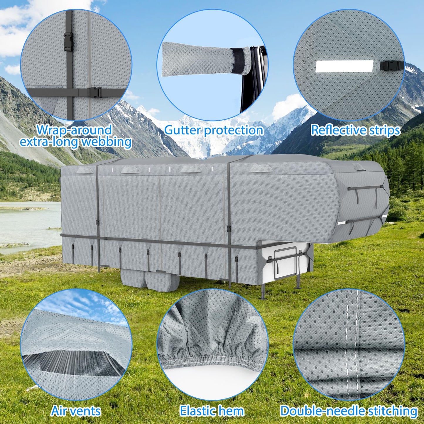Mofeez 5th Wheel RV Cover 29-33ft, 7 Layers Top Extra-Thick Fifth Wheel Cover, Waterproof Windproof Anti-UV Rip-Stop Toy Hauler Camper Cover with 3Pcs Extra Straps, 6 Gutter Covers & 4 Tire Covers