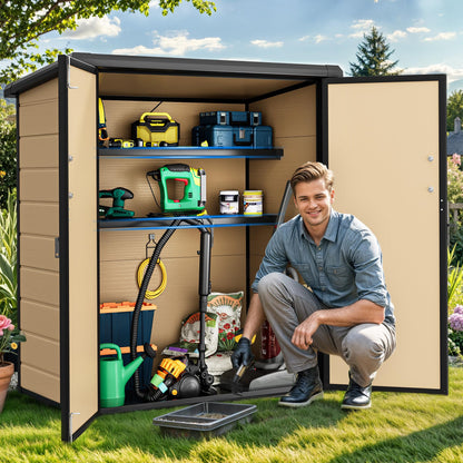 DWVO Outdoor Storage Shed 54 cuft with 2 Shelves, 4.2x2.6x5ft Vertical Tool Shed with Floor & Lockable Doors, Sturdy Double-Wall Plastic Cabinet for Garbage Cans and Garden Storage, Brown