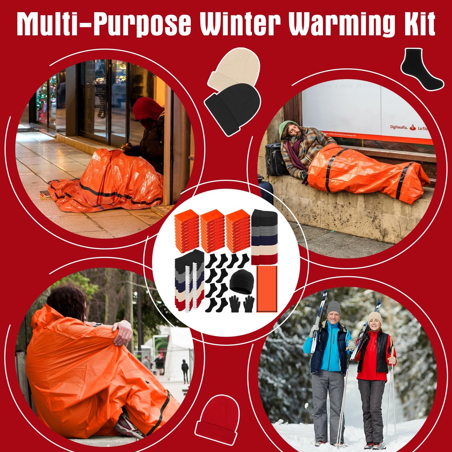 Chicingyou 120 Pcs Homeless Care Package Supplies Bulk Winter Emergency Thermal Blankets Warmer Beanie Socks Touchscreen Gloves for Men Women Cold Weather Outdoor Survival Kits(Multicolor)