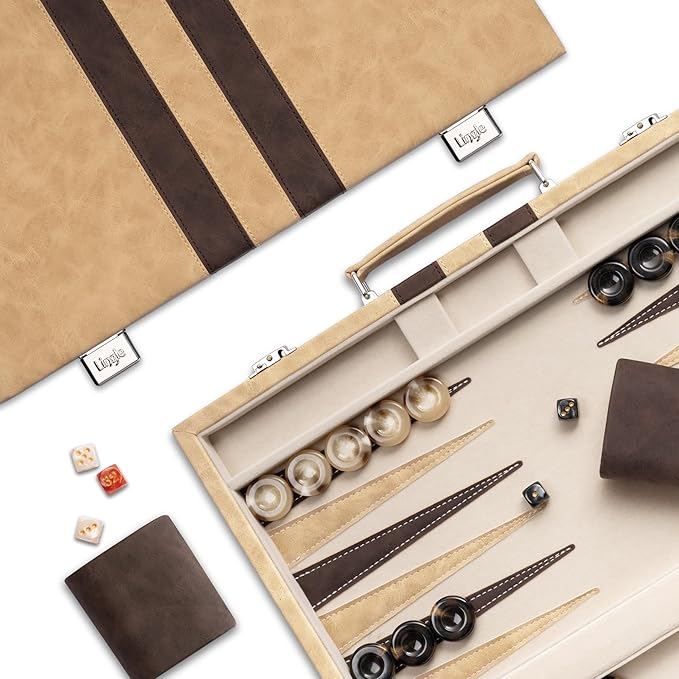 15inch Backgammon Sets for Adults Classic Board Game with Folding Leather Backgammon Case Faux Leather Exterior and Velvet Interior Portable Travel Game Set (Brown)