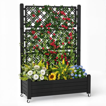 PatioZen Raised Garden Bed with Trellis, 21 Gallon Self Watering Planter Box with Lockable Wheels & Drainage Holes for Climbing Plants Vegetables Flowers, Anti-Rust Resin for Backyard Patio (Black)