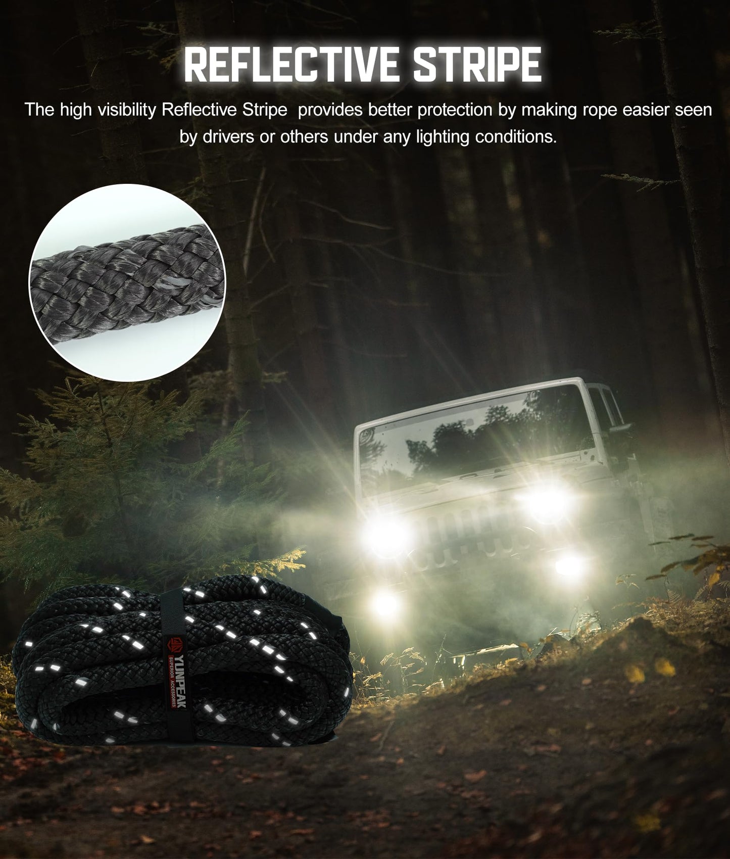 YUNPEAK 1.26" x 30ft Heavy-Duty Kinetic Recovery Rope – 56,000lbs Break Strength – Includes 2 Ultra-Strong UHMWPE Soft Shackles – Ideal for Trucks, SUVs, Jeeps, UTVs, ATVs & Tractors (Black)