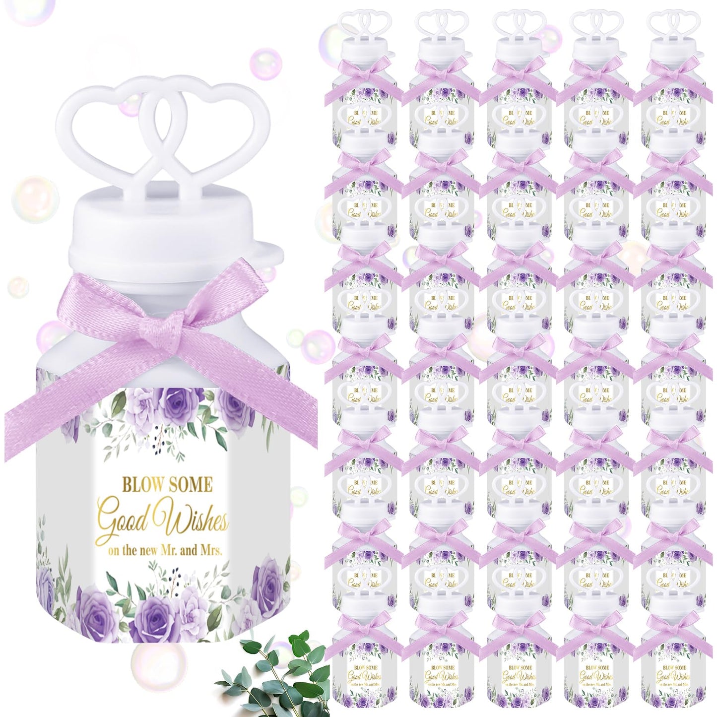LaRandom 150 Pcs Purple Floral Wedding Bubbles Bulk with Bubble Solution Wedding Mini Bubble Gifts Mini Heart Wand for Anniversary, Engagement, Bridal, Valentine's Day, Gift for Adult Couple