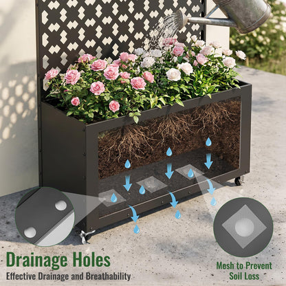Metal Planter Box with Trellis and Wheels, 72.8 * 35.4 * 11.8IN Raised Garden Bed with Drainage Holes and Soil-Retention Mesh, Outdoor Privacy Screen Planter for Patio, Balcony, Deck and Garden
