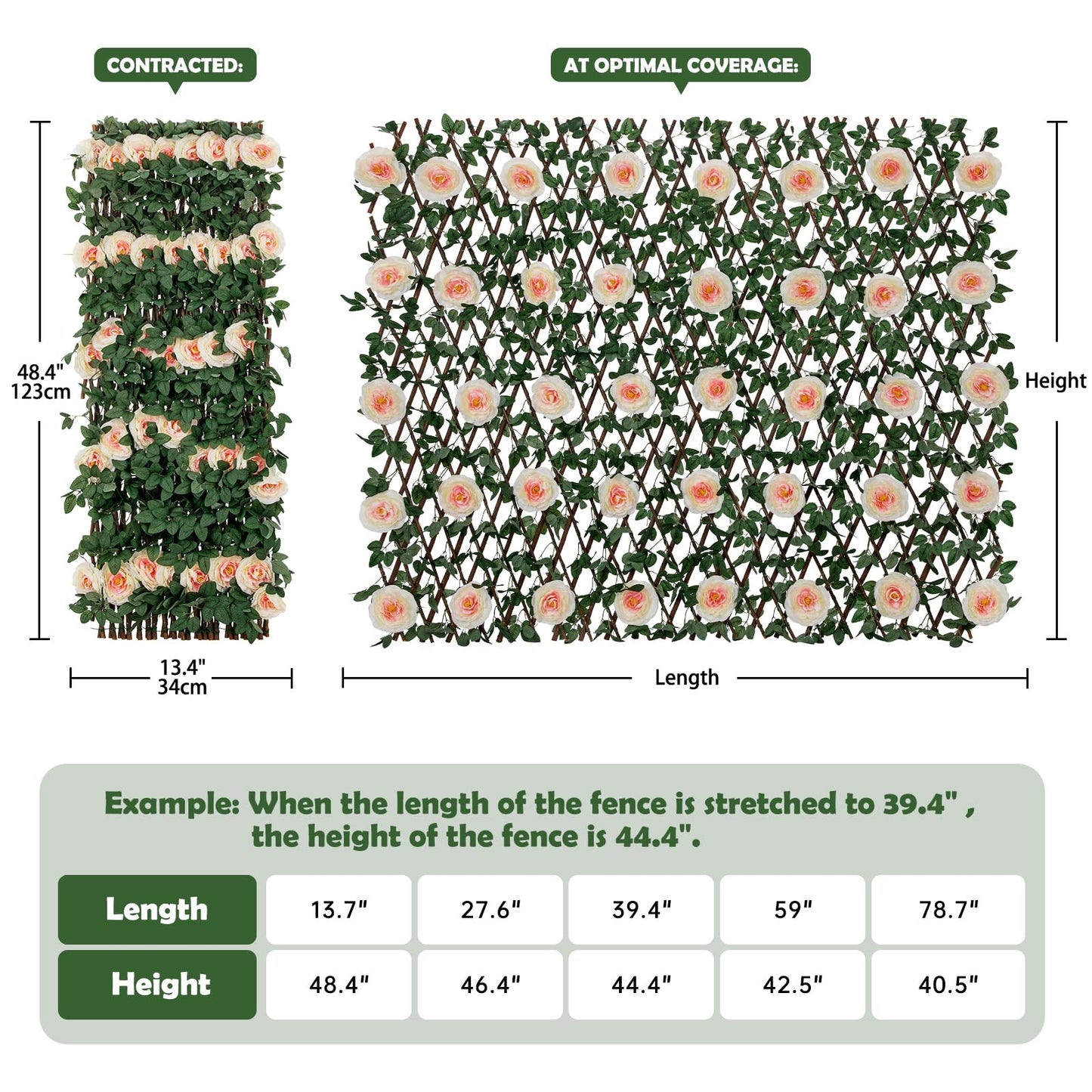 Nature Crafted Expandable Fence Privacy Screen with Artificial Flower, Greenery Expandable Stretchable Covers Panel Privacy Fence for Balcony Patio Garden, Single Sided Leaves (Pink Rose, 4 Pack)
