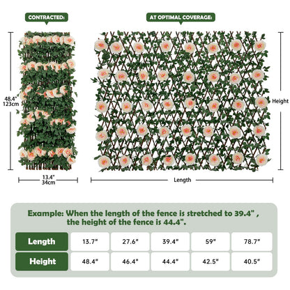 Nature Crafted Expandable Fence Privacy Screen with Artificial Flower, Greenery Expandable Stretchable Covers Panel Privacy Fence for Balcony Patio Garden, Single Sided Leaves (Pink Rose, 4 Pack)