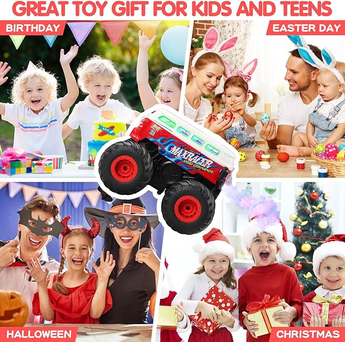DYODYORC Remote Control Car 2.4Ghz RC Monster Truck Toys All Terrain RC Truck with Spray Music 3 Lighting Effects 360 Stunt Capable All Included Ready to Run Toy Gifts for Boys and Girl (Red)