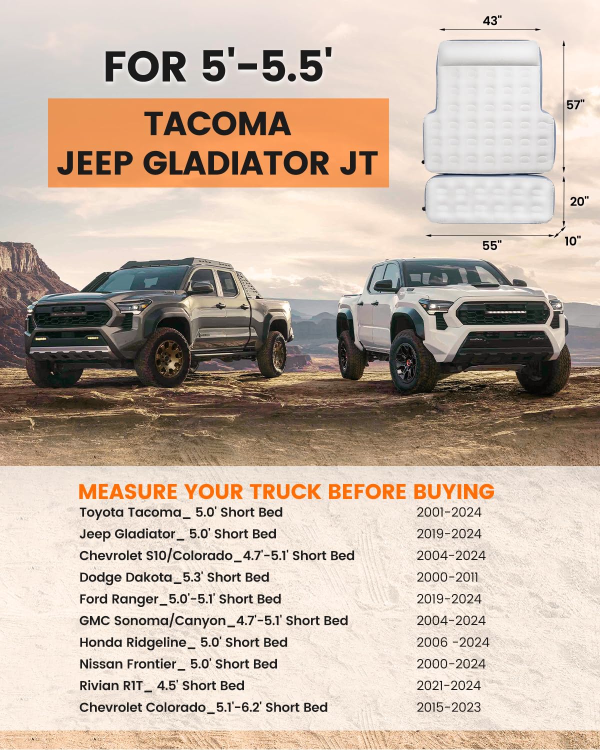 Inflatable Truck Bed Mattress for Tacoma Truck Air Mattress 5ft-5.5ft for Mid-Size Pickup with Detachable Tailgate Extension, Honda Ridgeline Jeep Gladiator JT,Space-Optimized Design, Built in Pump