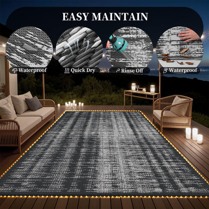 MontVoo Outdoor Rug Waterproof 9x12 ft with Strip Lights Outdoor Patio Rug Mat Reversible Plastic Straw Rug Outside Outdoor Rug for RV Camping Picnic Balcony Backyard