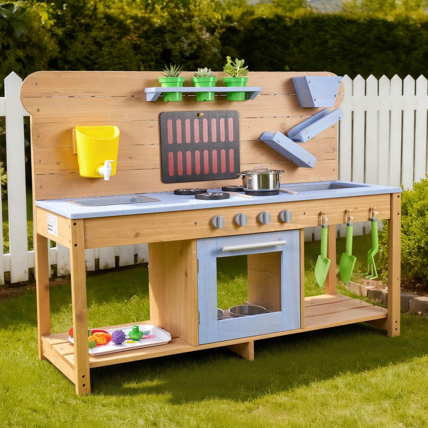 VEVOR Mud Kitchen, Outdoor Mud Kitchen for Kids, Wood Outdoor Play Kitchens with Stoves, Hooks, Double Sinks, Planting Shovels, Spatulas, Cookware Pots and Accessories, Play with Water and Sand