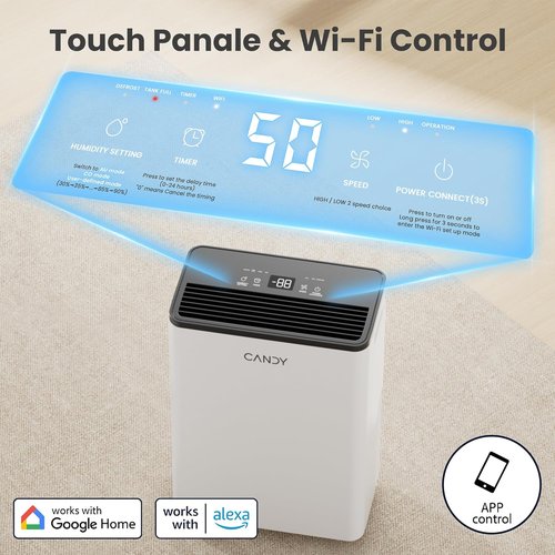 Candy Dehumidifier - 2000 Sq. Ft. Portable 34 Pints with Smart Control & Continuous Mode | Ideal for Bedroom, Bathroom, Basement