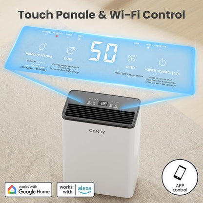Candy Dehumidifier - 2000 Sq. Ft. Portable 34 Pints with Smart Control & Continuous Mode | Ideal for Bedroom, Bathroom, Basement