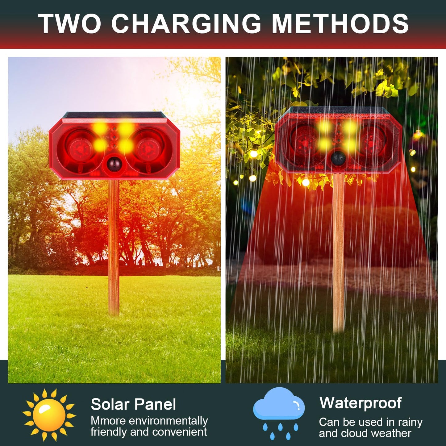 Qualirey 6 Pcs Solar Outdoor Motion Sensor Alarm Motion Sensor Animal Deterrent Dog Barking Alarm 13 Sound 130db Loud Noise Maker 4 Mode with USB Remote Control Support Recording Volume Adjustment