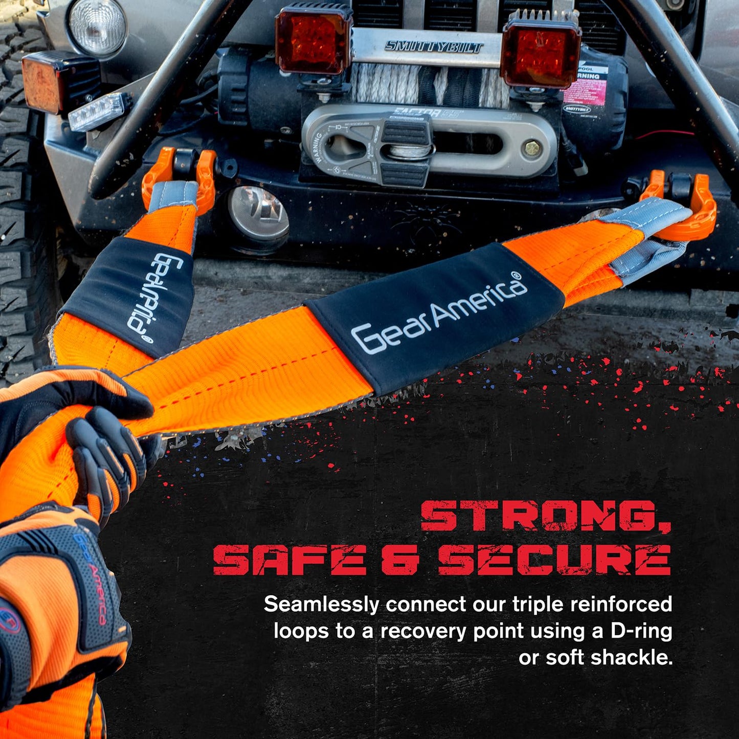 GearAmerica Off Road Recovery Kit, 9 Ton, Includes Tow Strap, Tree Saver, Snatch Block Pulley, D-Ring Shackles, Winch Line Dampener Bag, Gloves - Off Road Recovery Gear, 4x4, Black