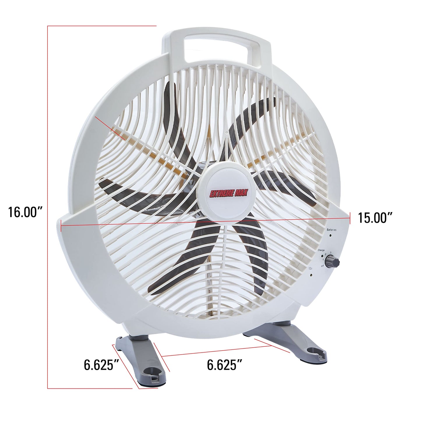 Extreme Max 1229.4089 Rechargeable AC/DC 12 Volt Box Fan with Lithium Battery for RV, Camping, Travel – 12", White