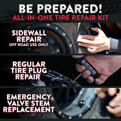 GlueTread Complete Off-Road Tire Repair Kit - Fix Sidewall Damage and Punctures - Includes Heavy Duty Tire Patch Kit, Plugs & Colby Emergency Valve Stem - Enhanced Rubber Formula, Fast Setting