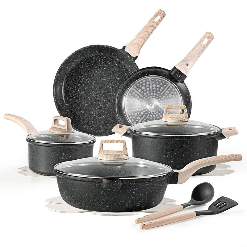 CAROTE Pots and Pans Set, Nonstick Cookware Sets, Classic Black Induction 14Pcs Cookware Non Stick Cooking Set w/Frying Pans & Saucepans