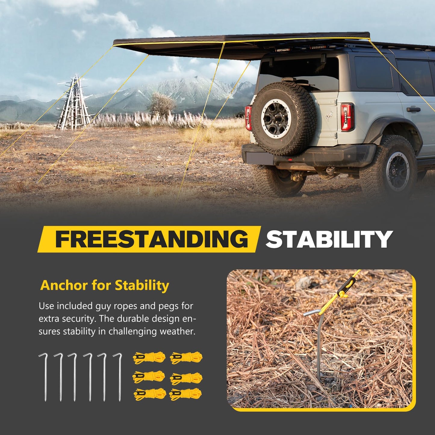 BUNKER INDUST 270 Degree Awning Free Standing, Vehicle Overland Awning Built-in LED Light - Three Colors, Car Driver Side, Waterproof Wind Resistant for SUV Van Truck Camper