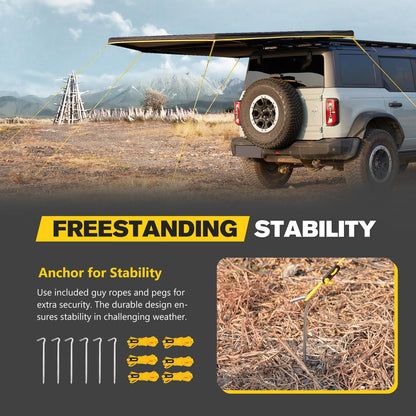 BUNKER INDUST 270 Degree Awning Free Standing, Vehicle Overland Awning Built-in LED Light - Three Colors, Car Driver Side, Waterproof Wind Resistant for SUV Van Truck Camper