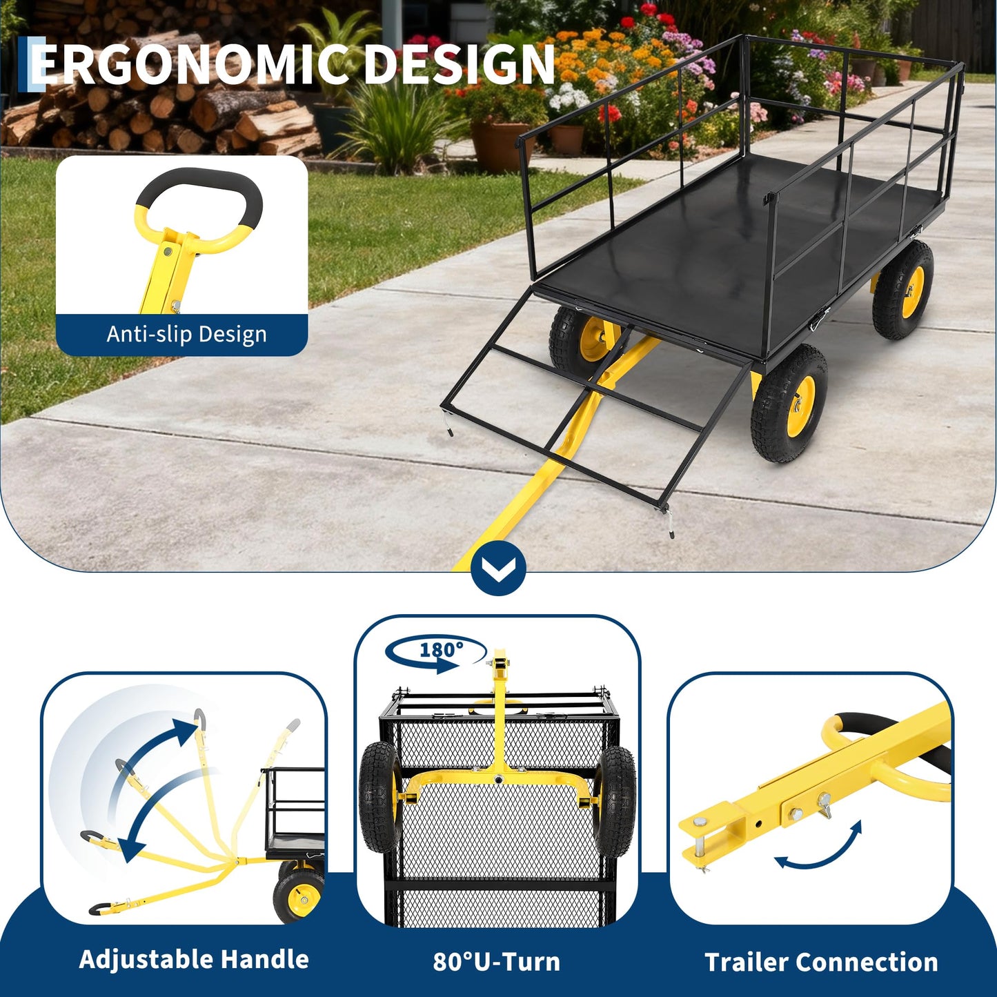 Heavy Duty 1500 Lbs Capacity Mesh Steel Garden Cart Folding Utility Wagon with Removable Sides, Garden Cart on Wheels for Gardening Soil, Tools, and Plant Transport