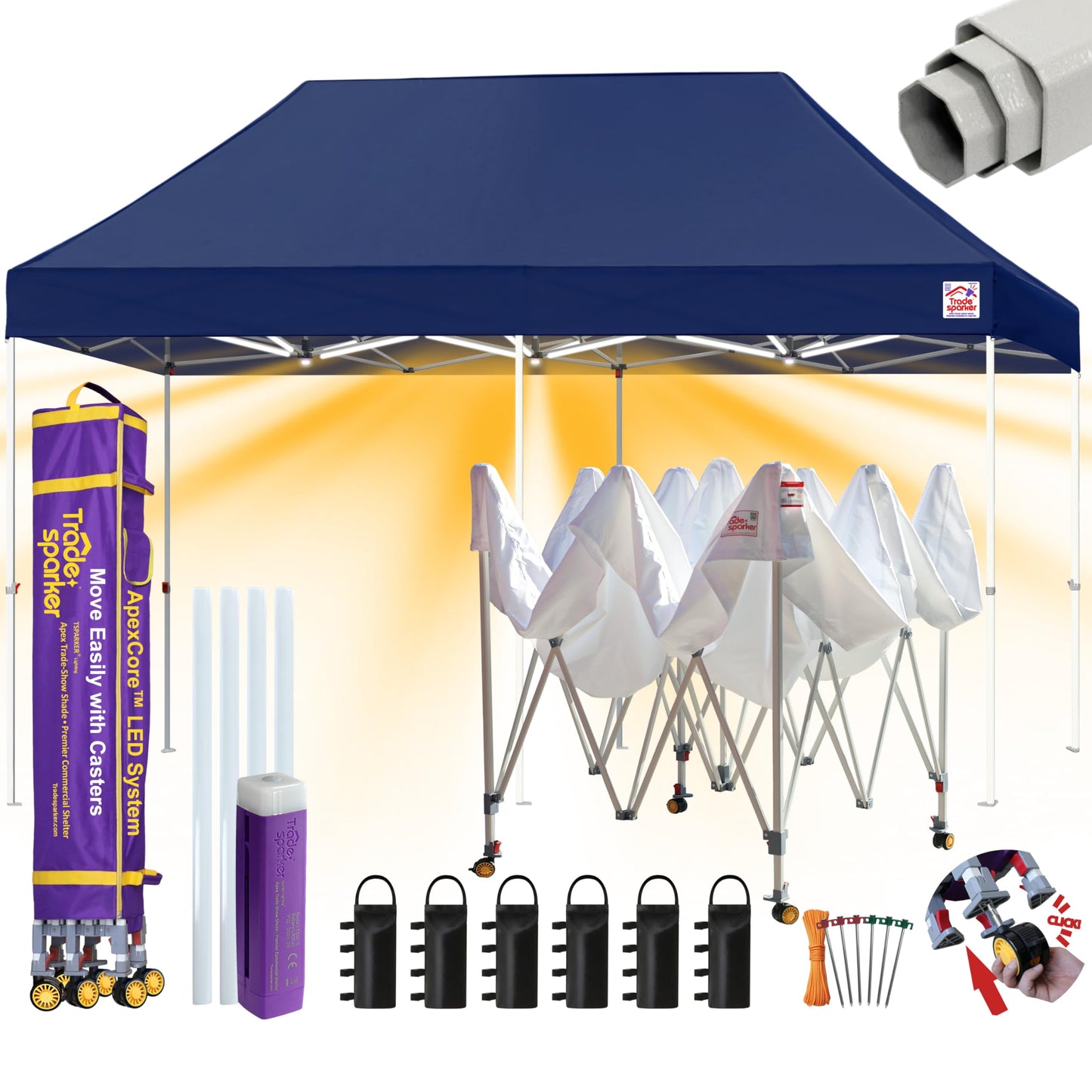 Tradesparker 10x20 Pop Up Canopy Tent,Commercial Movable Canopy with ApexCore LED&Rugged Casters-Instant Easy Setup Shelter Canopies with Weight Bags&Stakes for Outdoor Events Markets,Navy Blue