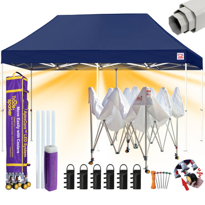 Tradesparker 10x20 Pop Up Canopy Tent,Commercial Movable Canopy with ApexCore LED&Rugged Casters-Instant Easy Setup Shelter Canopies with Weight Bags&Stakes for Outdoor Events Markets,Navy Blue