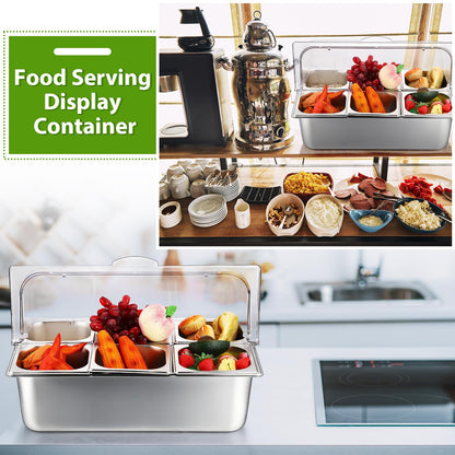 Ziliny Countertop Food Serving Display Container Clear Roll Top Cover 6 Pan Stainless Steel Ice Food Buffet Server Salad Bar Pizza Topping Station Condiment Dispenser Restaurant Kitchen Party(Silver)