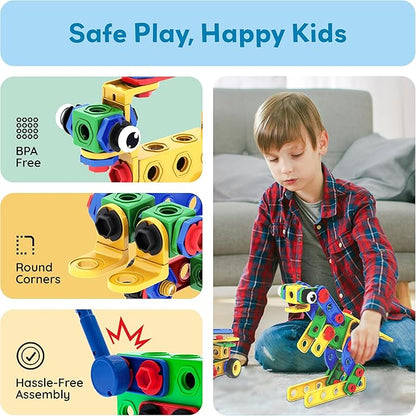 PicassoTiles 201pc STEM Learning Block Construction Kit with Power Drill and Clickable Ratchet Educational Engineering Toy Set Kids Age 3 Plus Preschool Activity Creative Play with Idea Book PTN201