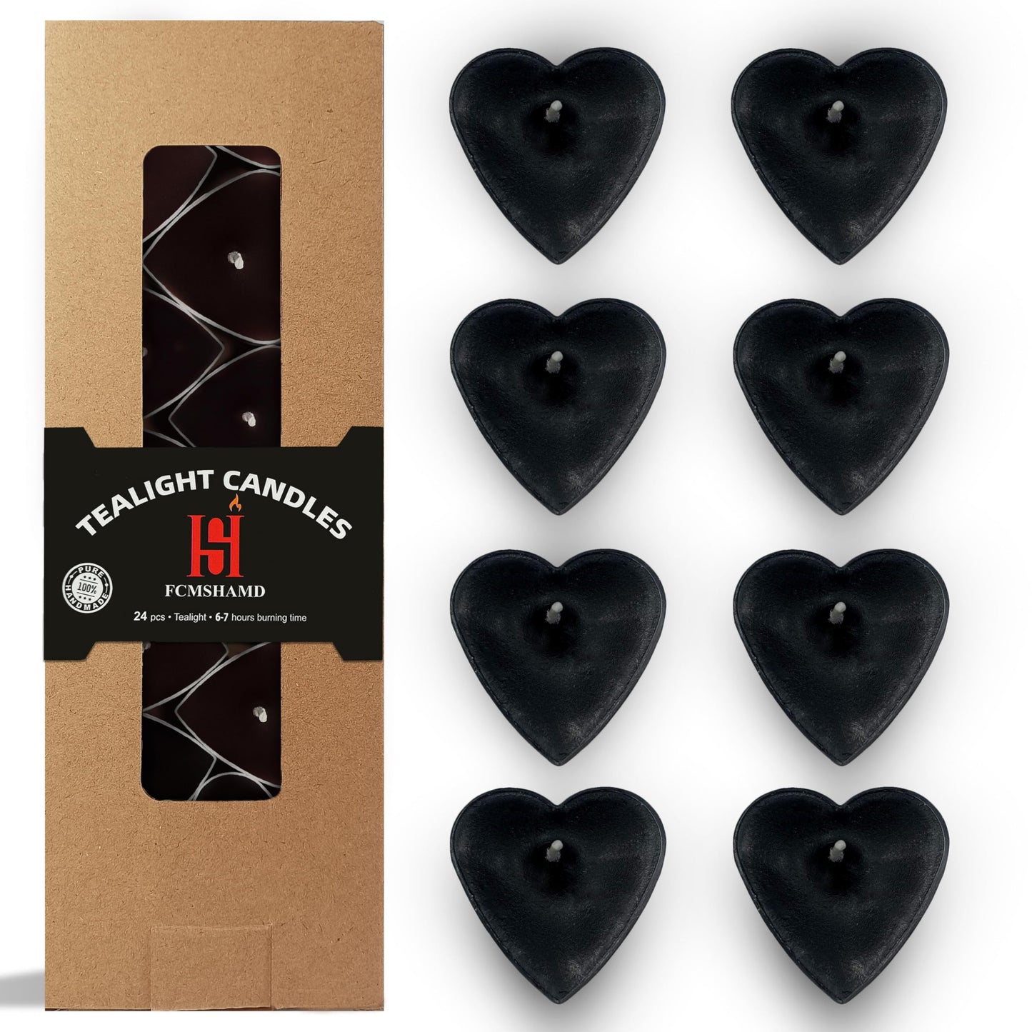 Tea Lights Black Heart Tea Candles Set of 24 – Tealight Candles with Sandalwood Scent, Long Burning Handmade Tealights for Wedding Meditation Home Decor Gift