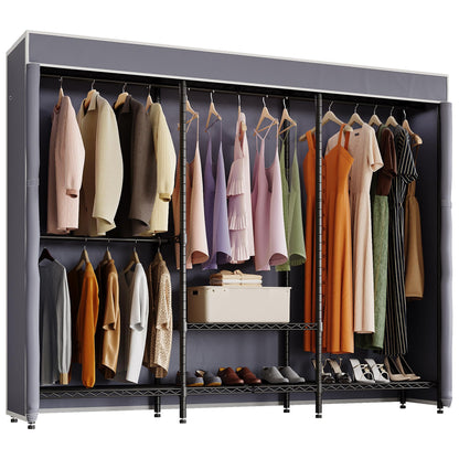 Higeego H8 Heavy Duty Clothes Rack with Cover, Covered Garment Rack with Shelves, Wardrobe Closet with Cover, Portable Closet Organizer Storage, Black Clothing Rack with Grey Cover